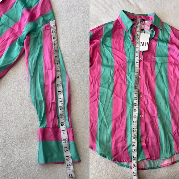 NWT Zara Satin Striped Boyfriend Shirt XS Pink Green - Picture 7 of 12